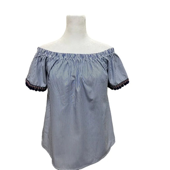 Peach Love California Blue Stripe Off Shoulder Top Pom Pom Detail Size Small NWT - Picture 1 of 5